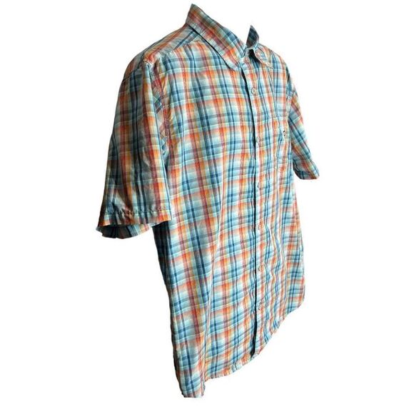 MARMOT Shirt Men's Button Down Plaid Short Sleeve L Blue Orange - Picture 2 of 11